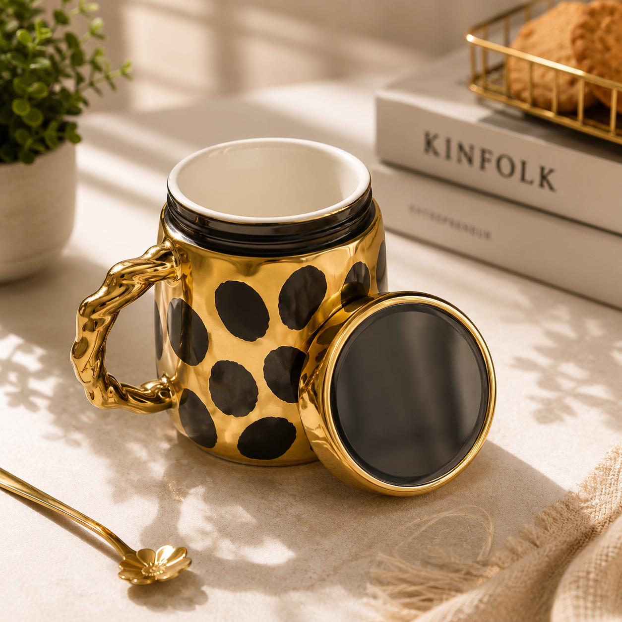 Luxury Gold Ceramic Coffee Mug  – Modern Polka Dot Tea Cup for Home & Office