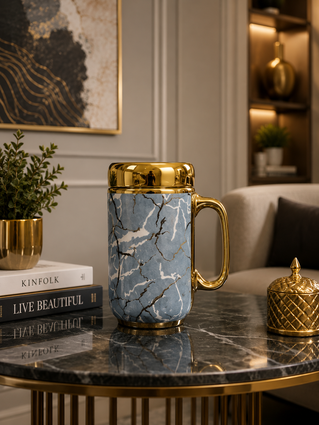 Luxury Marble Ceramic Coffee Mug with Golden Lid & Handle