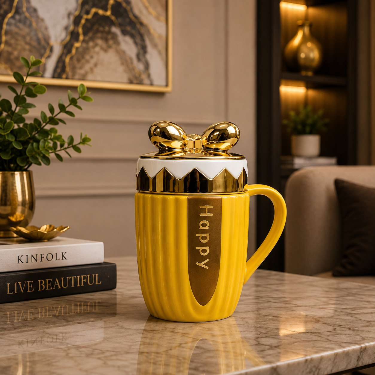 Luxury Yellow Ceramic Coffee Mug with Golden Bow Lid