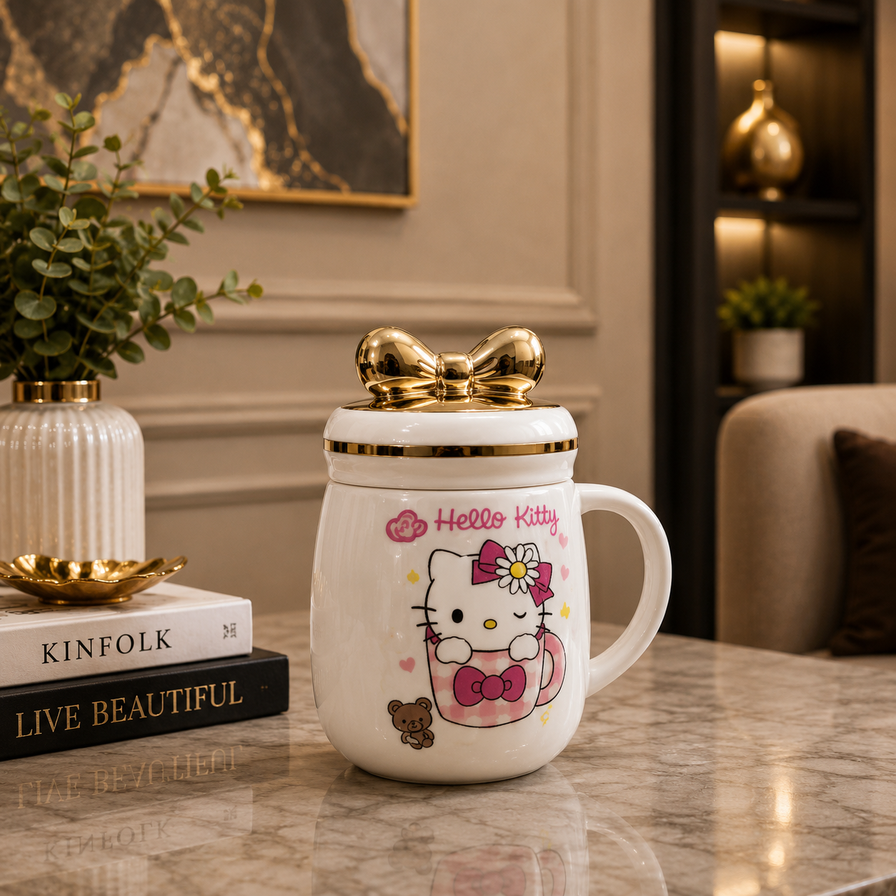 Hello Kitty Ceramic Coffee Mug with Golden Bow Lid