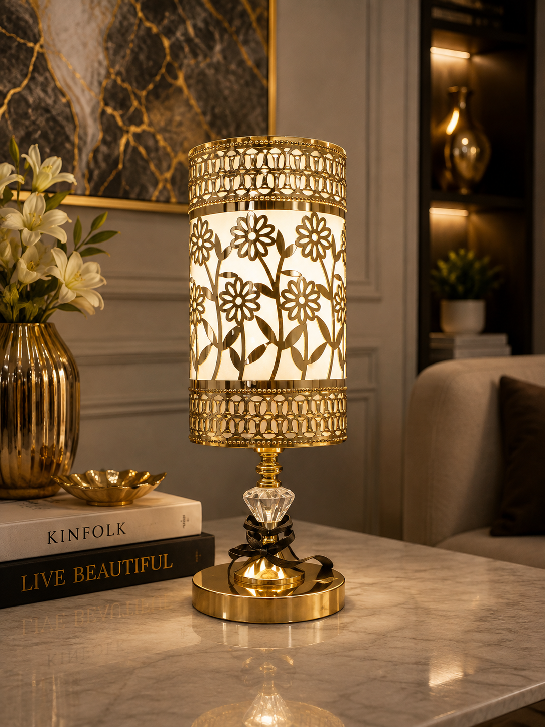Luxury Gold Floral Table Lamp | Decorative LED Bedside Lamp