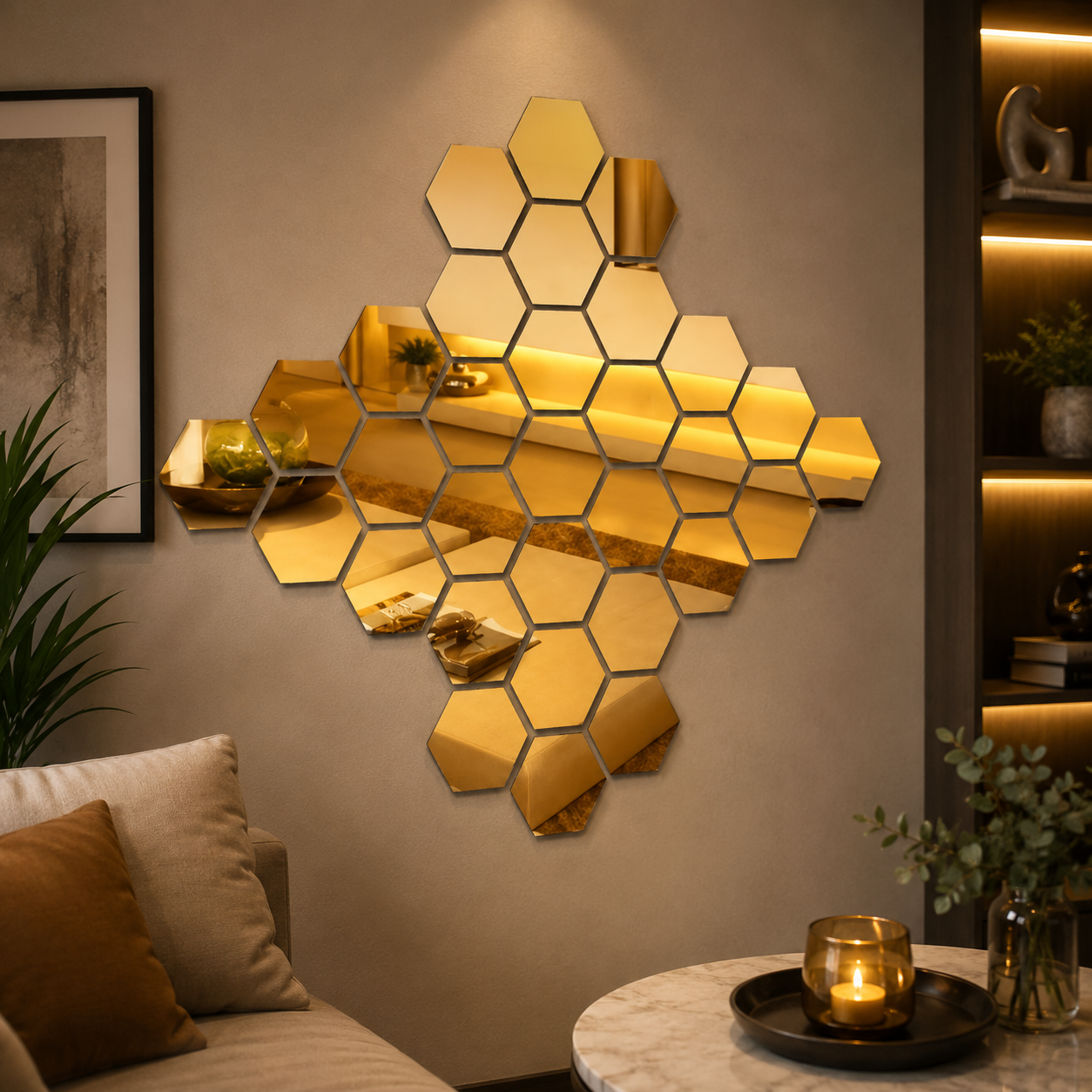 Golden Hexagon Acrylic Mirror Wall Stickers
