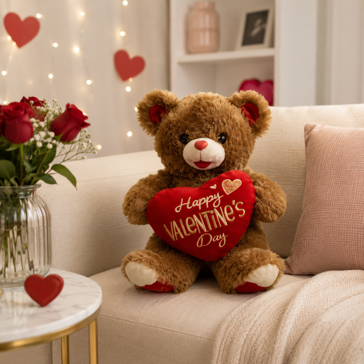 Brown Teddy Bear with Happy Valentine's Heart – Cute Soft Plush Teddy Gift for Valentine's Day