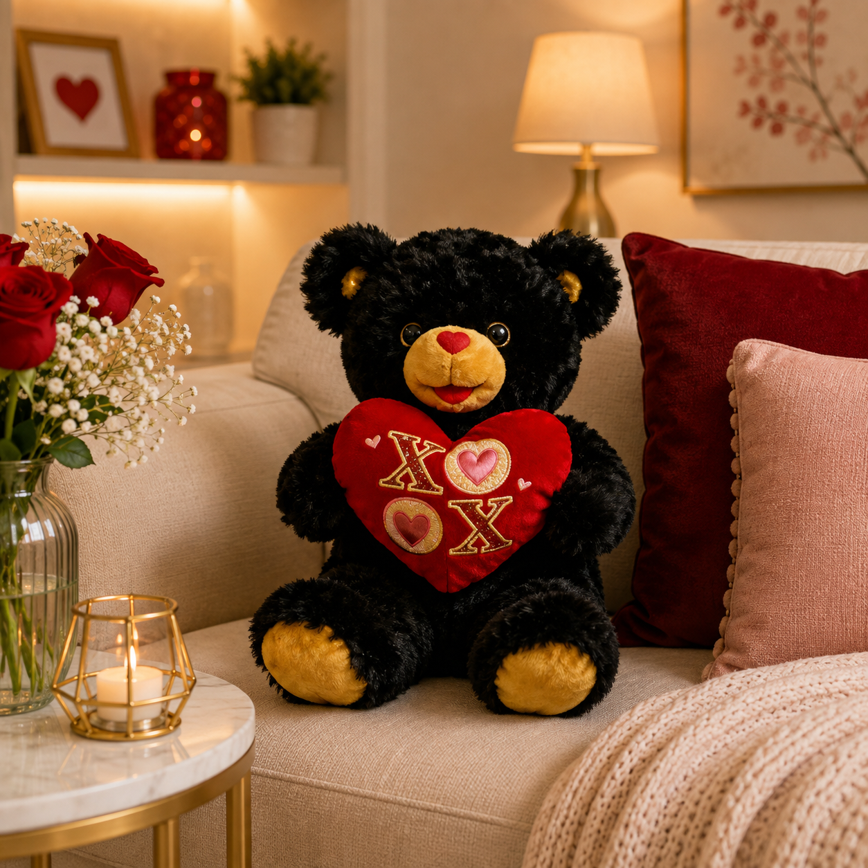 Black Teddy Bear with Heart Cushion – Soft Plush Stuffed Teddy Bear