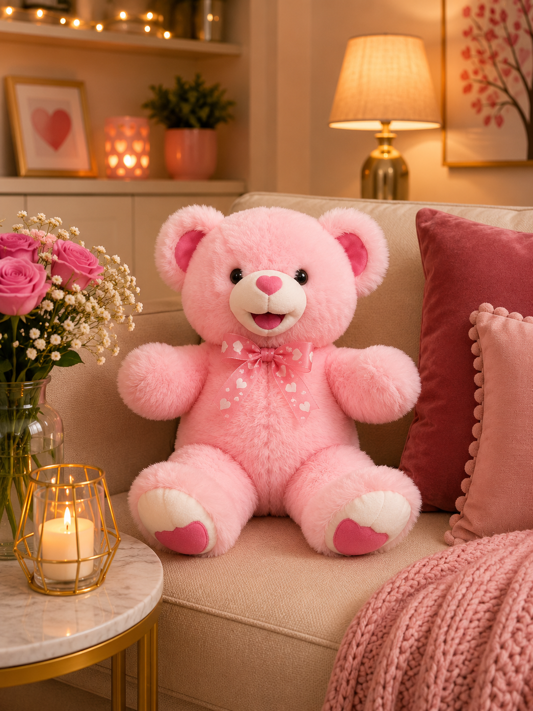 Cute Pink Teddy Bear Plush Toy – Soft Stuffed Teddy Bear with Heart Bow