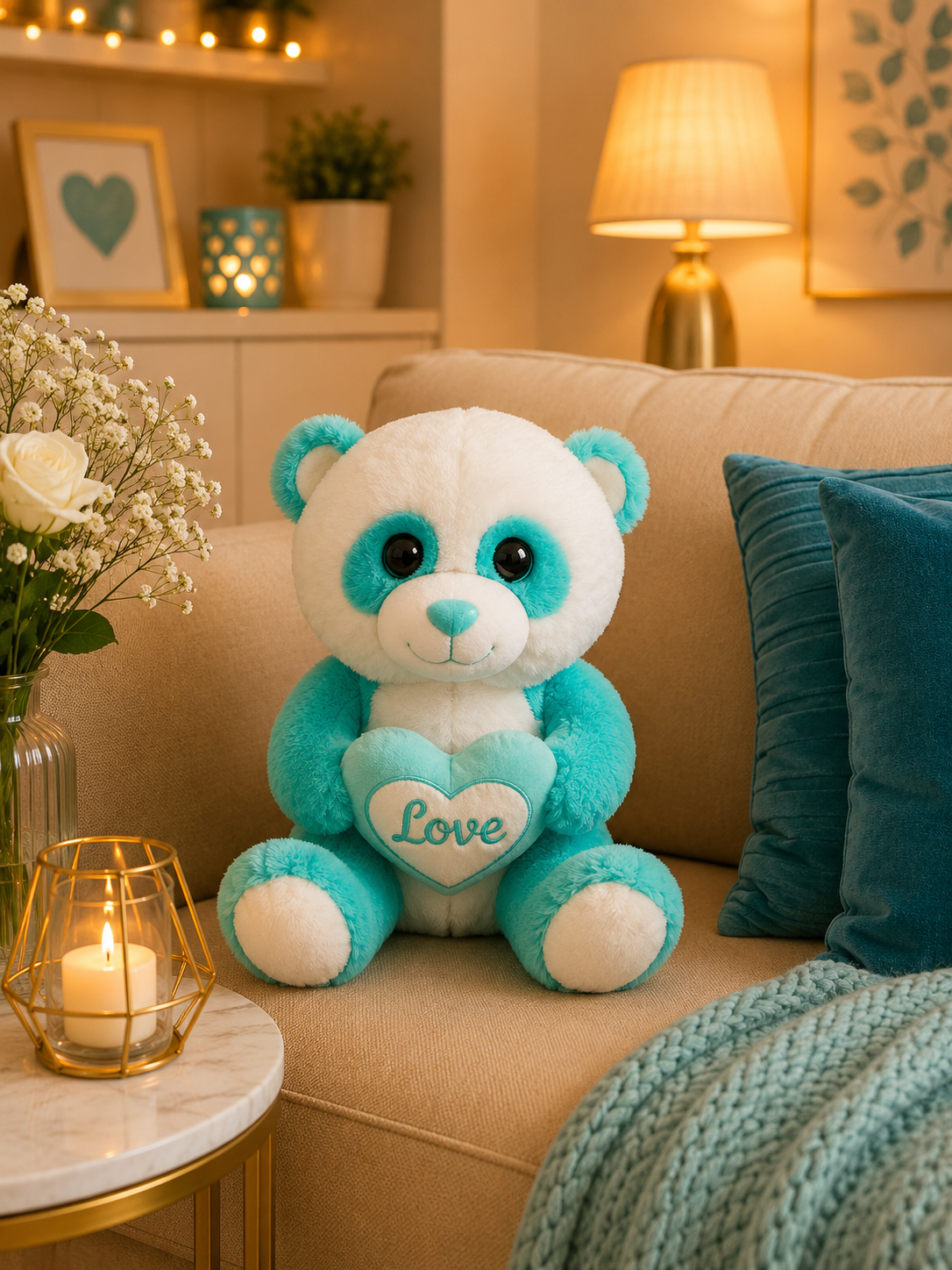 Blue Panda Teddy Bear with Love Heart – Soft Plush Stuffed Panda Toy