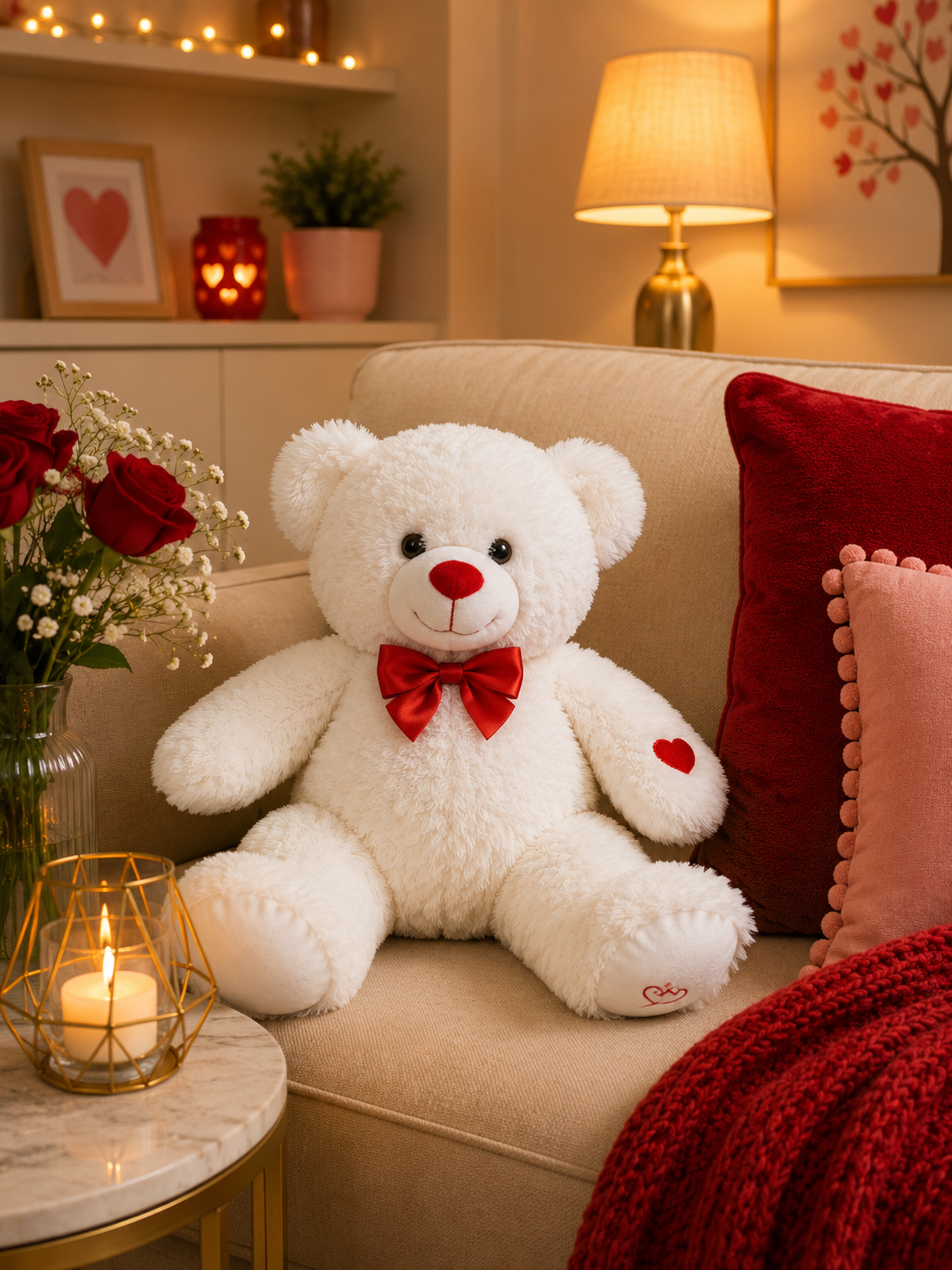 White Teddy Bear with Red Bow – Soft Plush Stuffed Teddy Bear