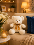 White Teddy Bear Plush Toy with Golden Ribbon | Premium Soft Stuffed Teddy Bear