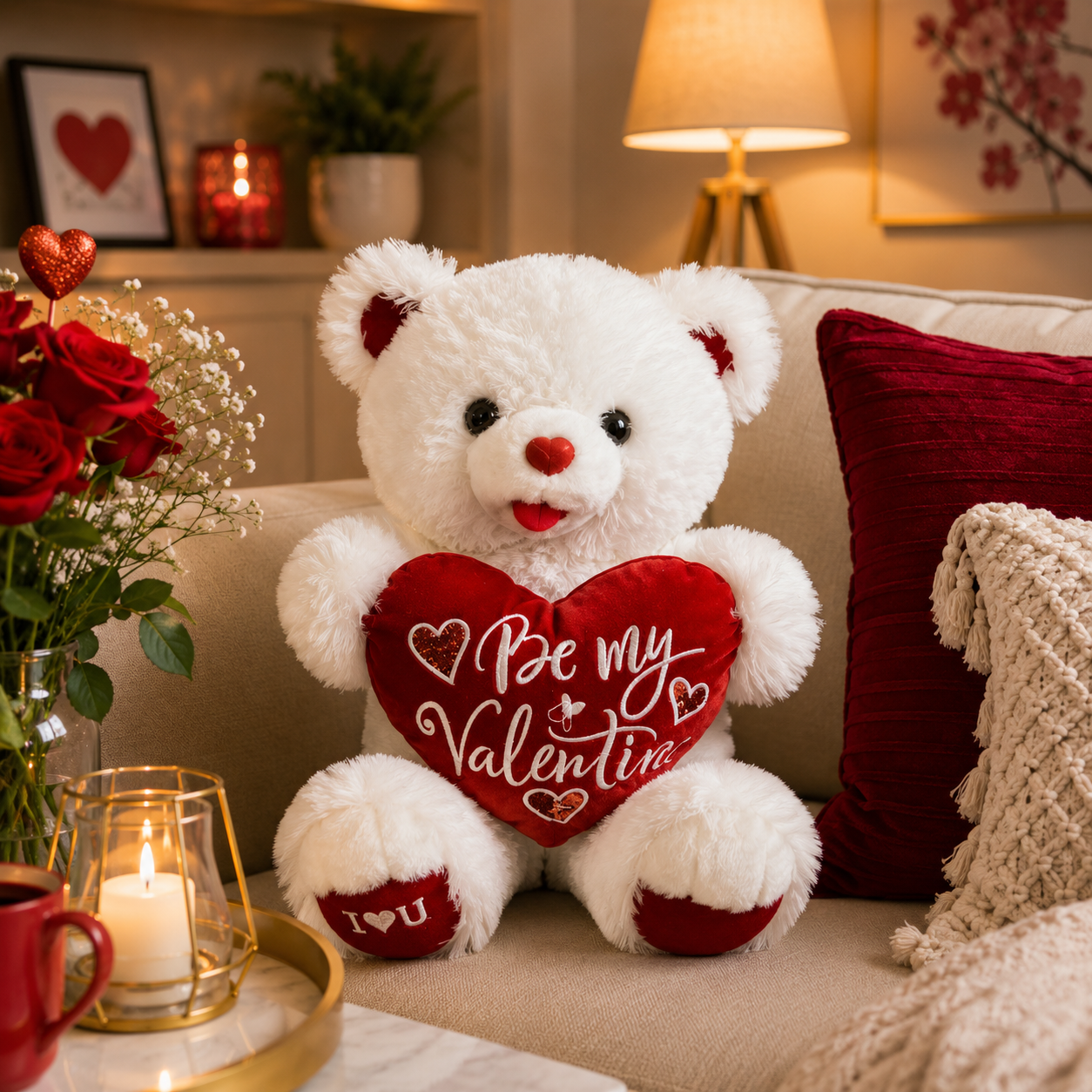 White Teddy Bear with "Be My Valentine" Heart Cushion