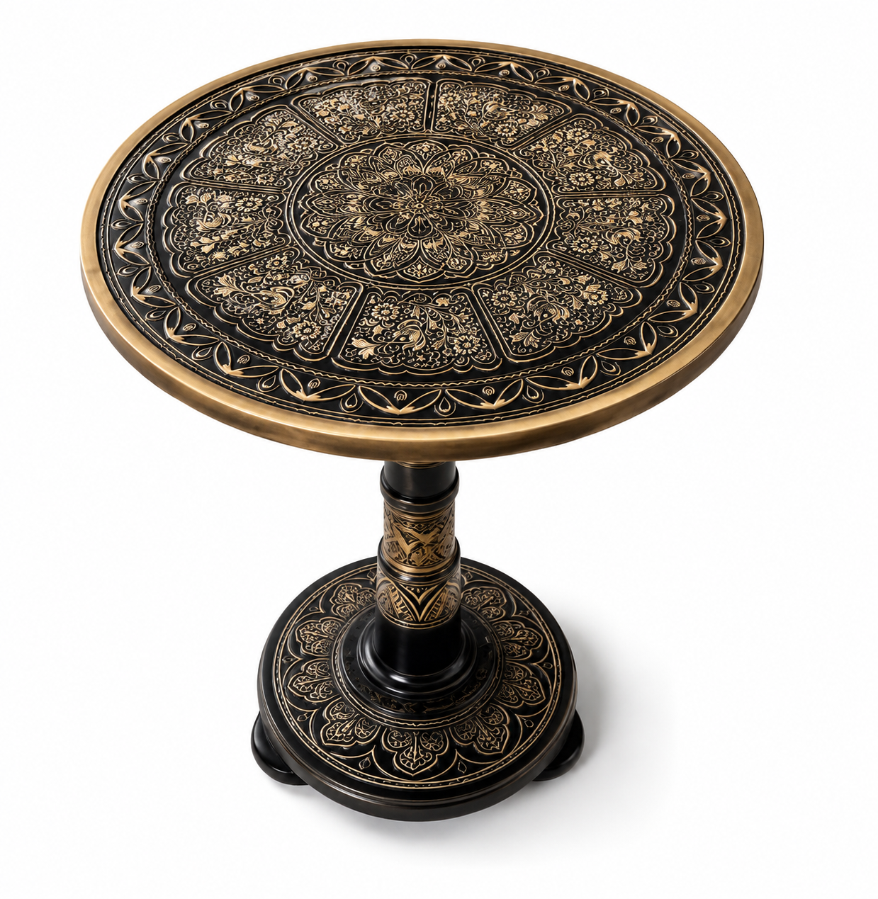 Luxury Black & Gold Round Side Table | Ornate Wooden Accent Table for Living Room & Home Decor