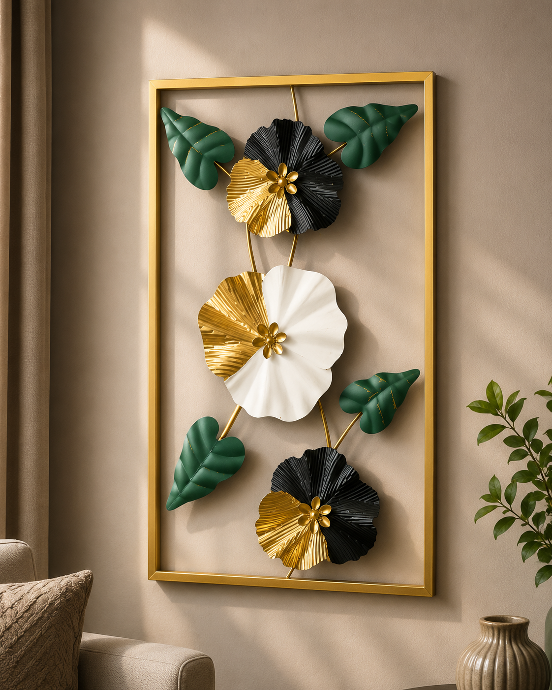 Modern 3D Floral Wall Art with Golden Frame | Metal Flower Wall Decor for Living Room & Bedroom