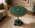 Luxury Turquoise & Gold Round Coffee Table | Handcrafted Decorative Center Table for Living Room