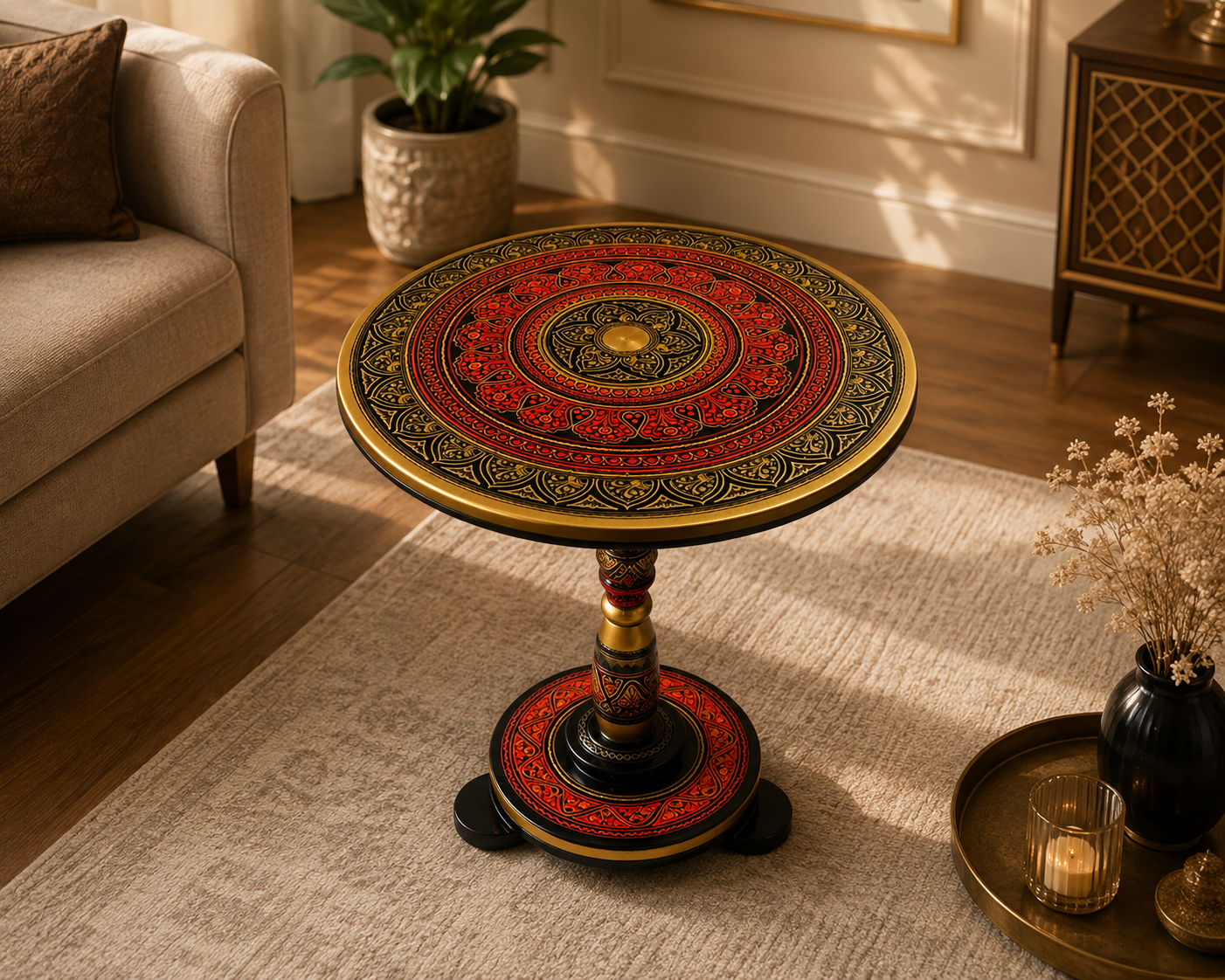 Luxury Red & Gold Round Coffee Table | Handcrafted Decorative Center Table for Living Room