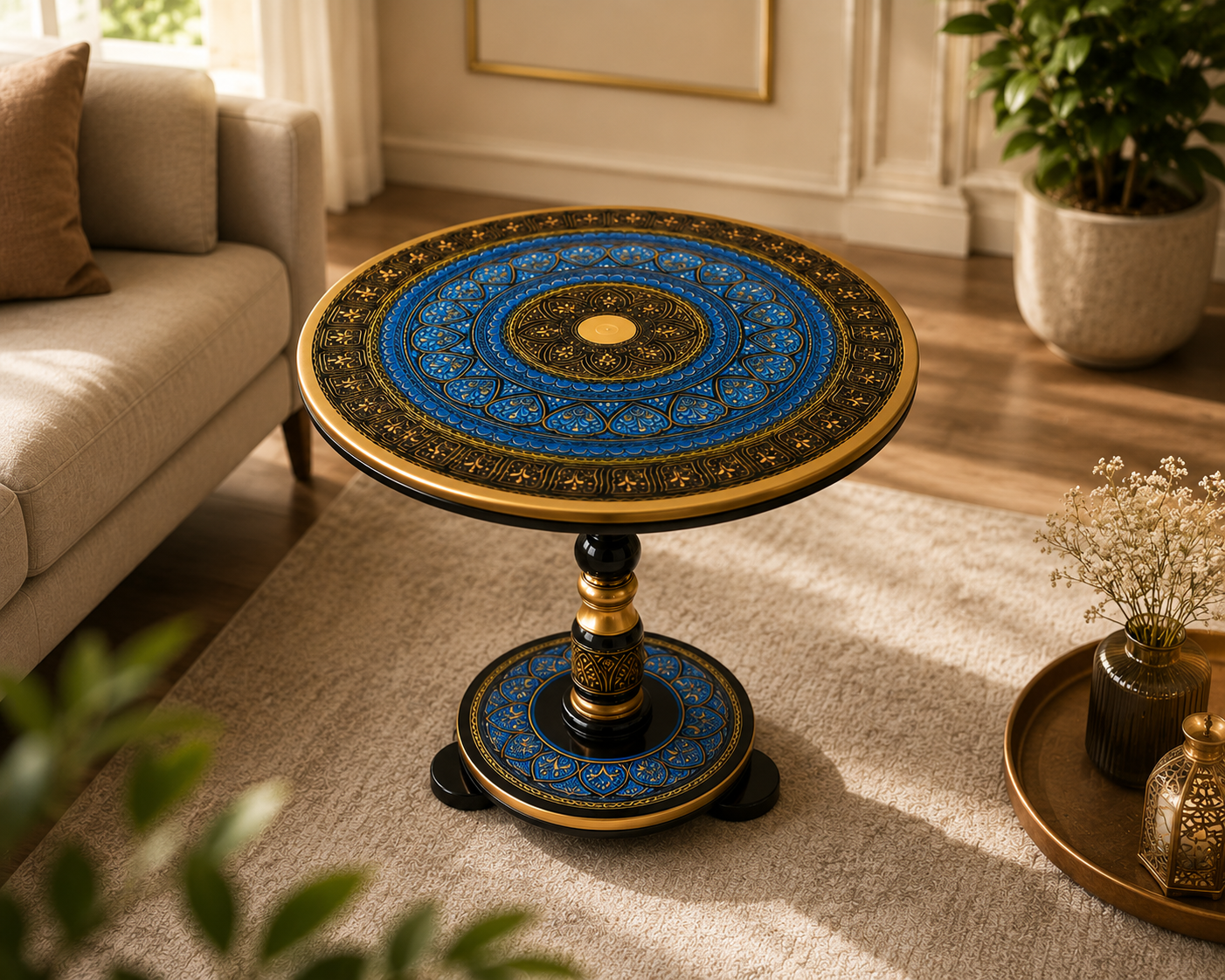 Luxury Blue & Gold Round Coffee Table | Handcrafted Decorative Center Table for Living Room