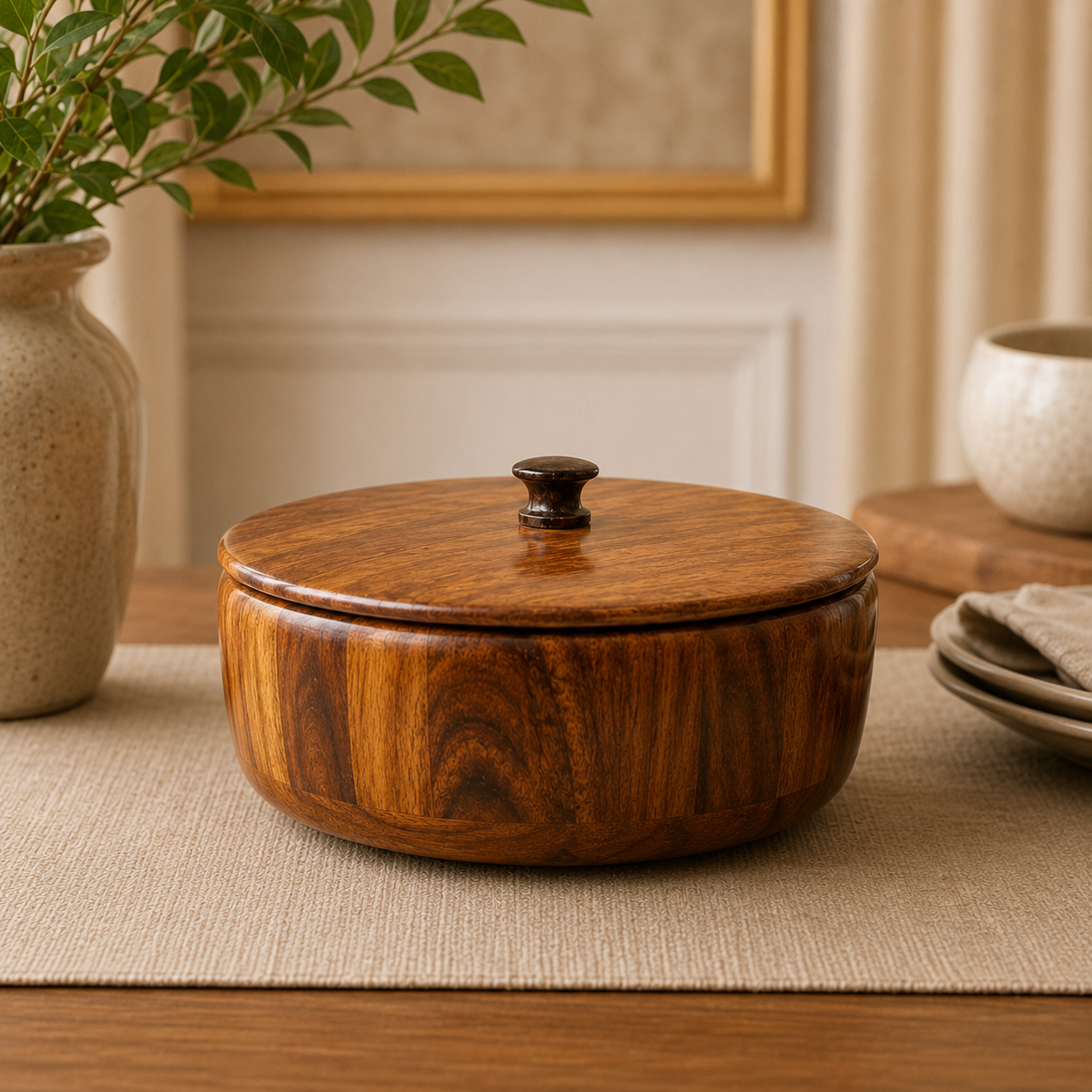 Handcrafted Wooden Hot Pot with Lid | Premium Insulated Serving Bowl for Kitchen & Dining