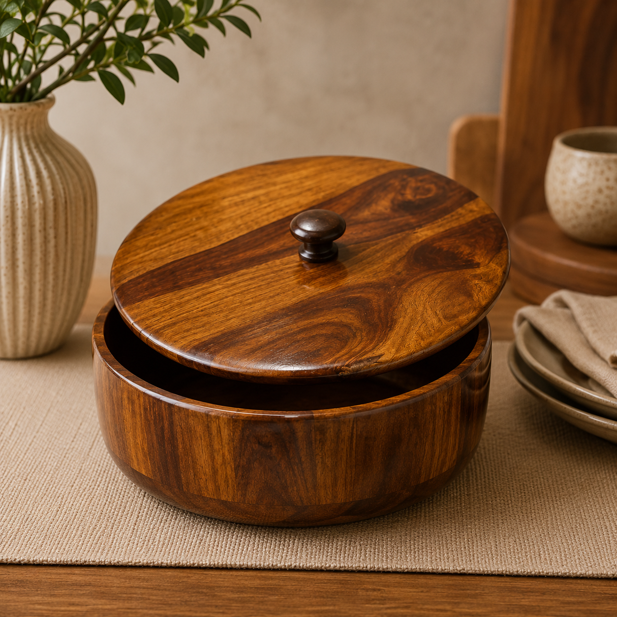 Handcrafted Wooden Hot Pot with Lid | Premium Insulated Serving Bowl for Kitchen & Dining