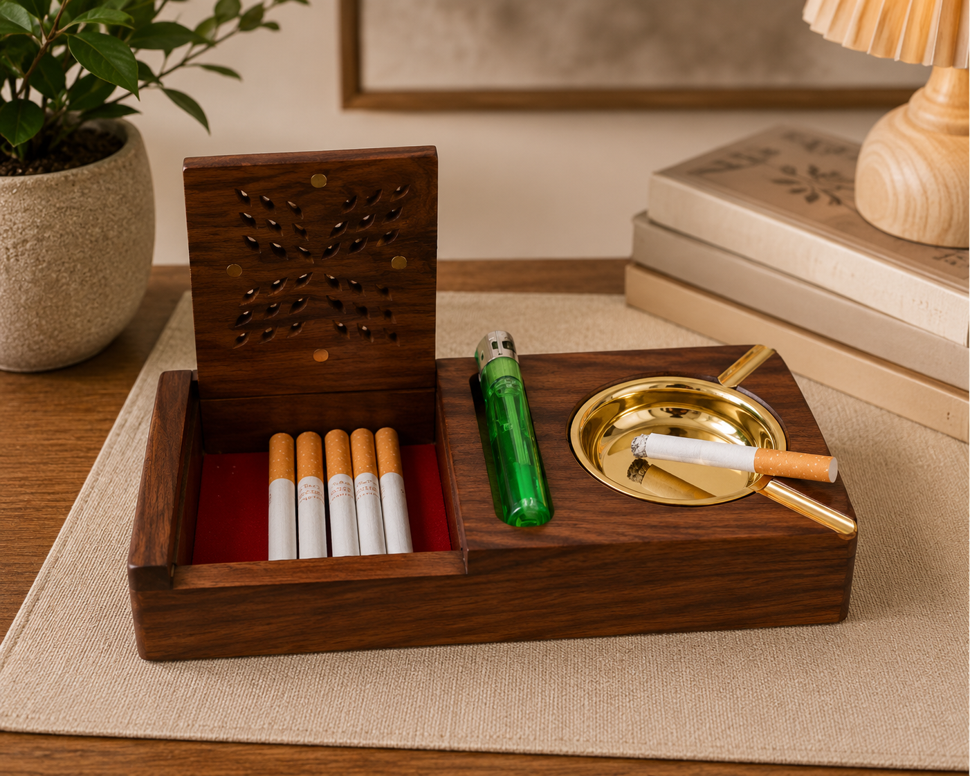 Handcrafted Wooden Ashtray with Cigarette Storage Box & Brass Ash Bowl – Premium Smoking Organizer
