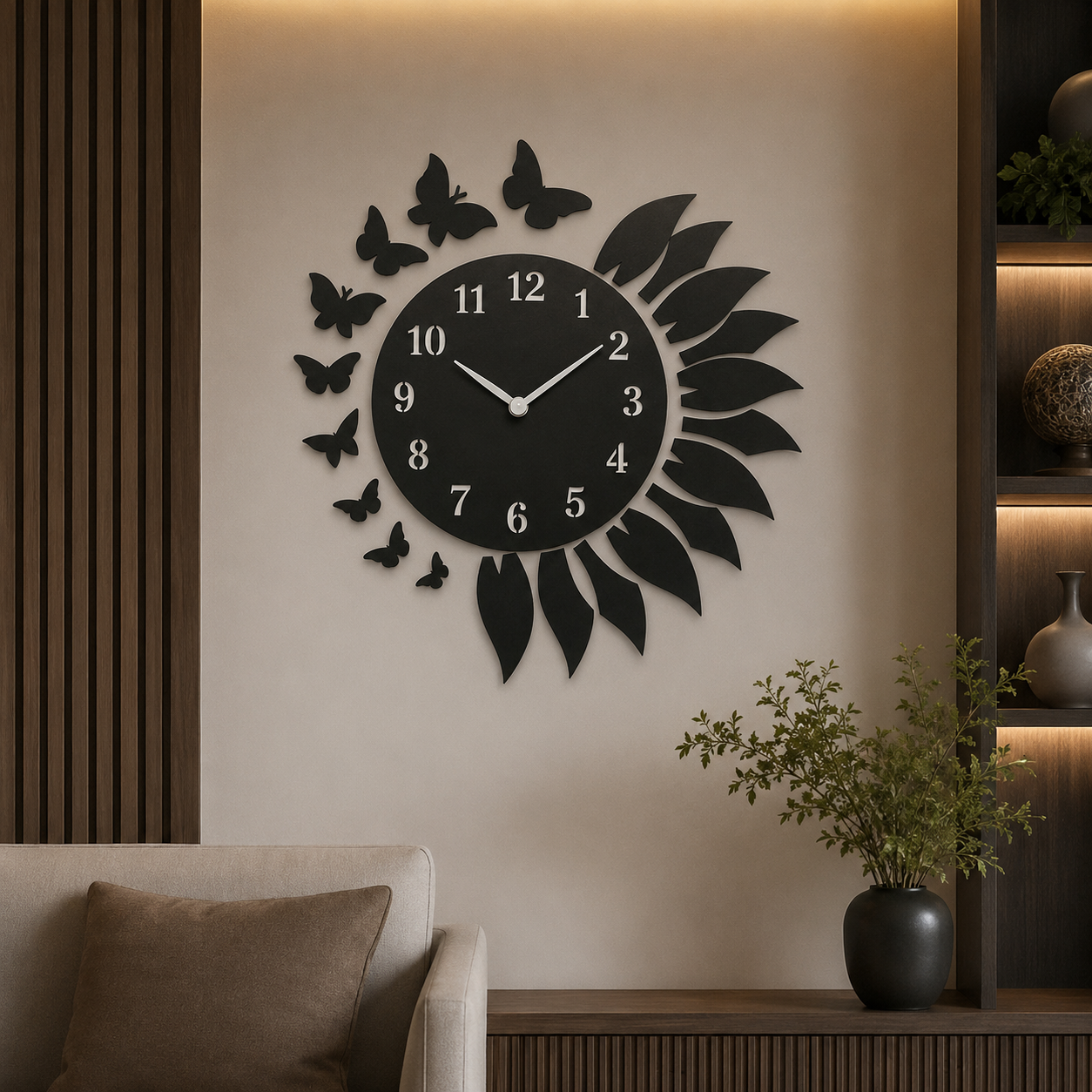 Sunflower Butterfly MDF Wooden Wall Clock | Modern Silent Decorative DIY Wall Clock for Living Room, Bedroom & Office