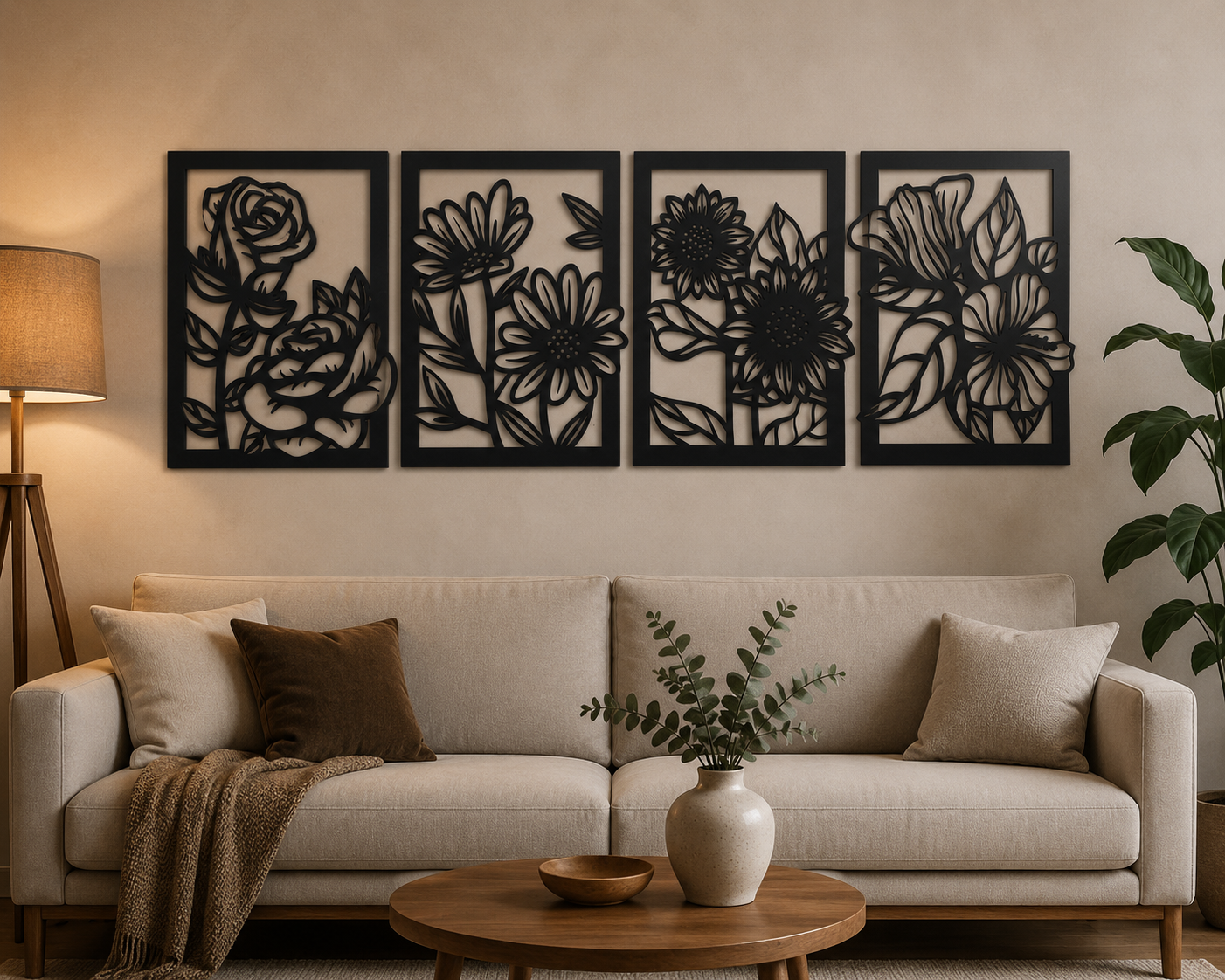 4-Piece Floral MDF Wall Art Set | Modern Black Botanical Wall Decor Panels for Living Room, Bedroom & Office