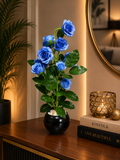 Luxury Artificial Blue Rose Plant in Black Ceramic Vase | Elegant Modern Tabletop Home Decor CH 0046