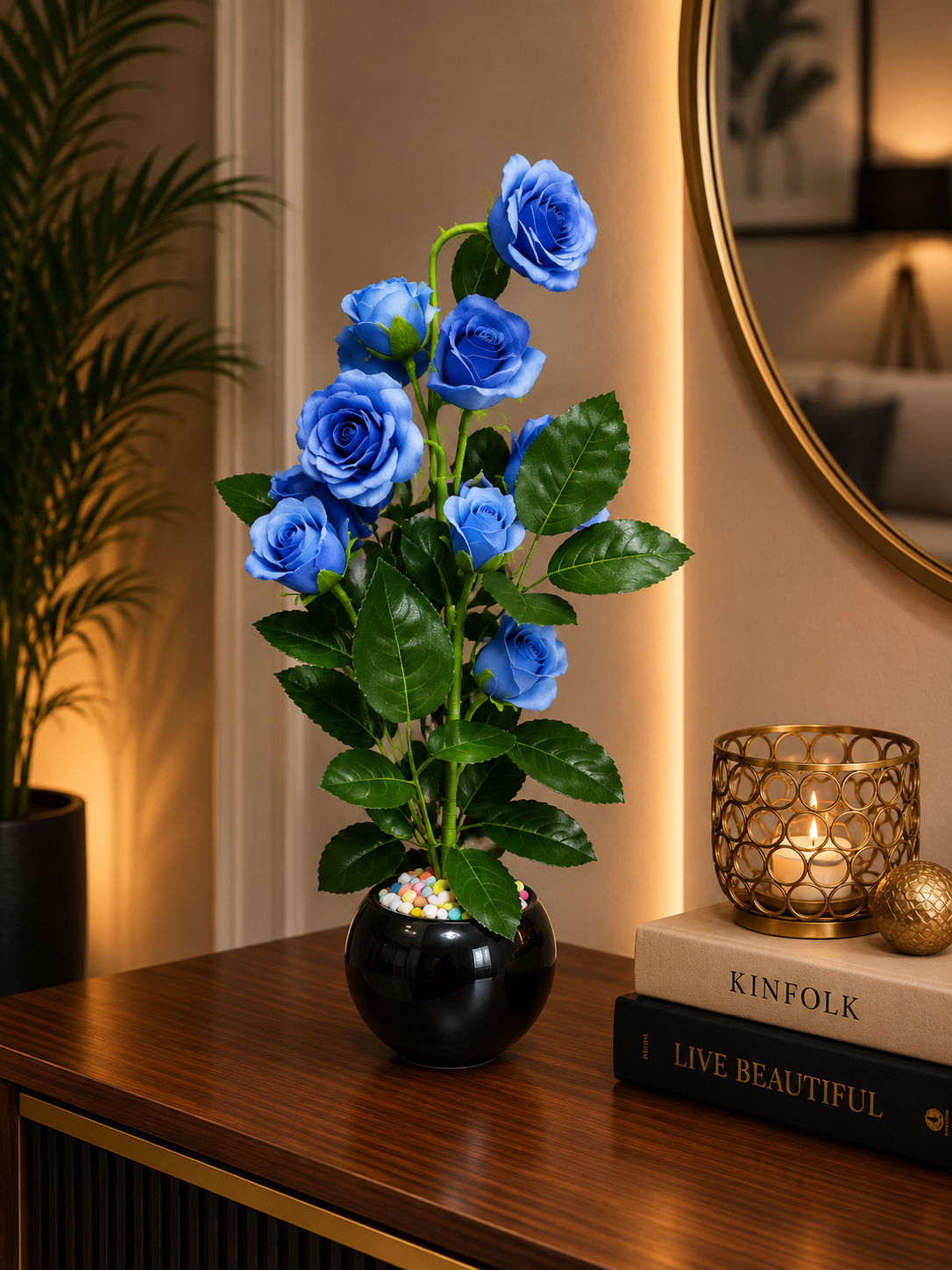 Luxury Artificial Blue Rose Plant in Black Ceramic Vase | Elegant Modern Tabletop Home Decor CH 0046