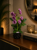 Luxury Artificial Purple Rose Plant in Black Ceramic Vase | Elegant Modern Tabletop Home Decor CH 0045