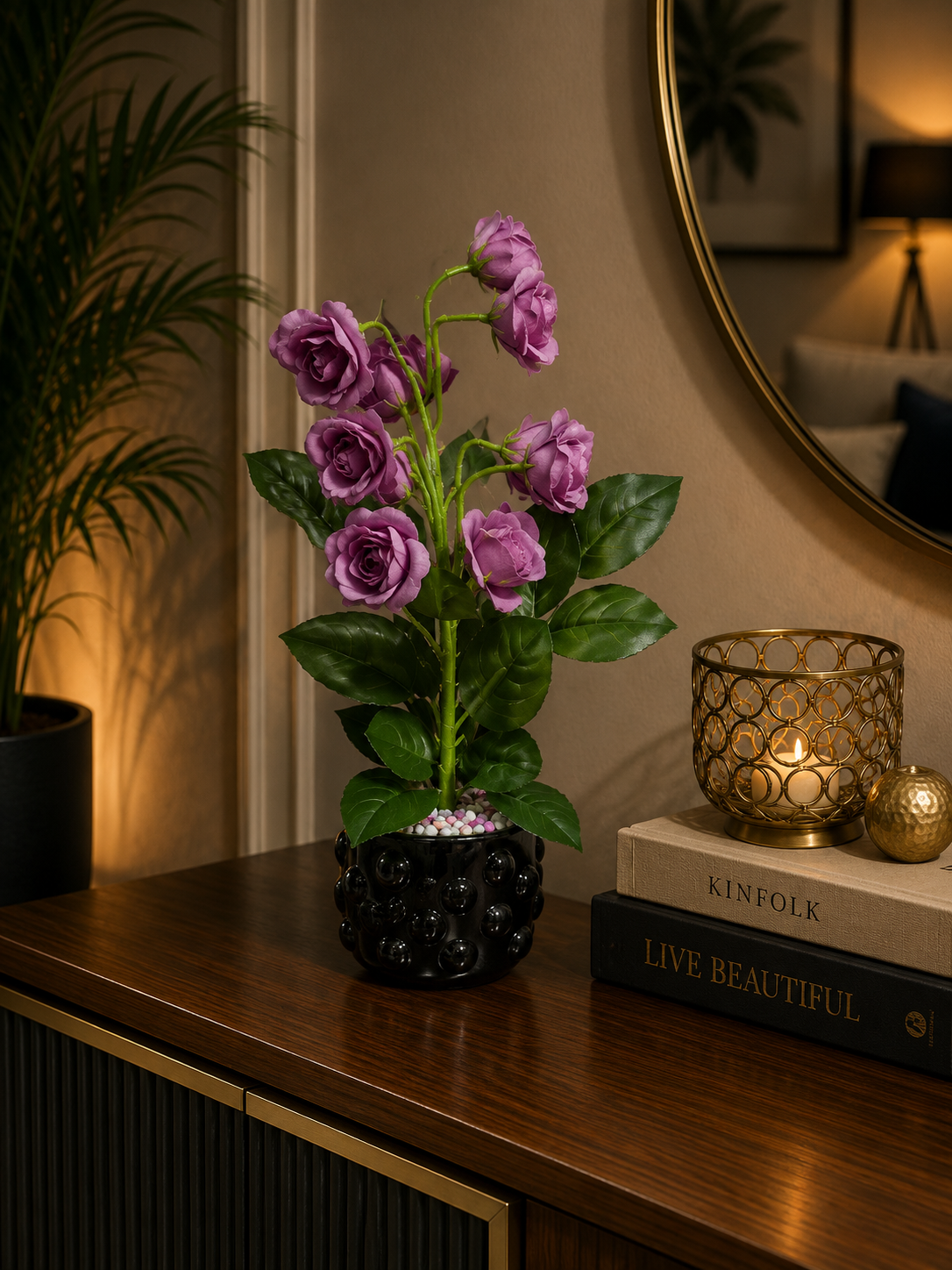 Luxury Artificial Purple Rose Plant in Black Ceramic Vase | Elegant Modern Tabletop Home Decor CH 0045
