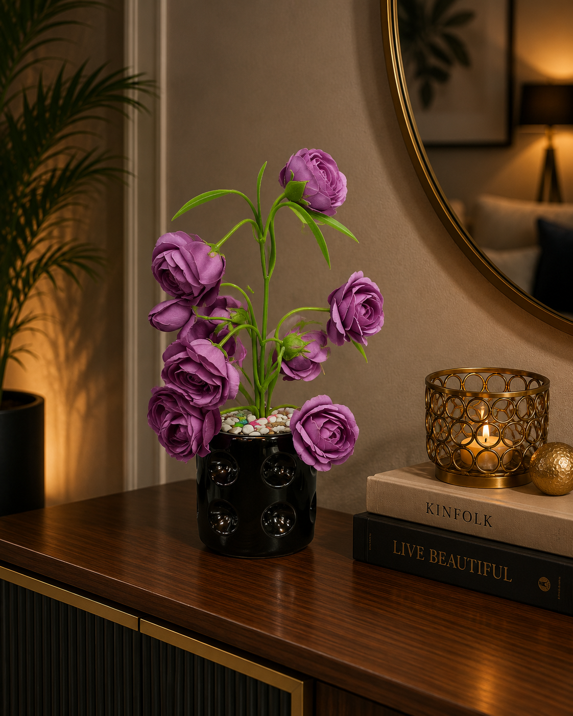 Luxury Artificial Purple Rose Flower Arrangement in Black Ceramic Vase | Elegant Modern Tabletop Home Decor CH 0044