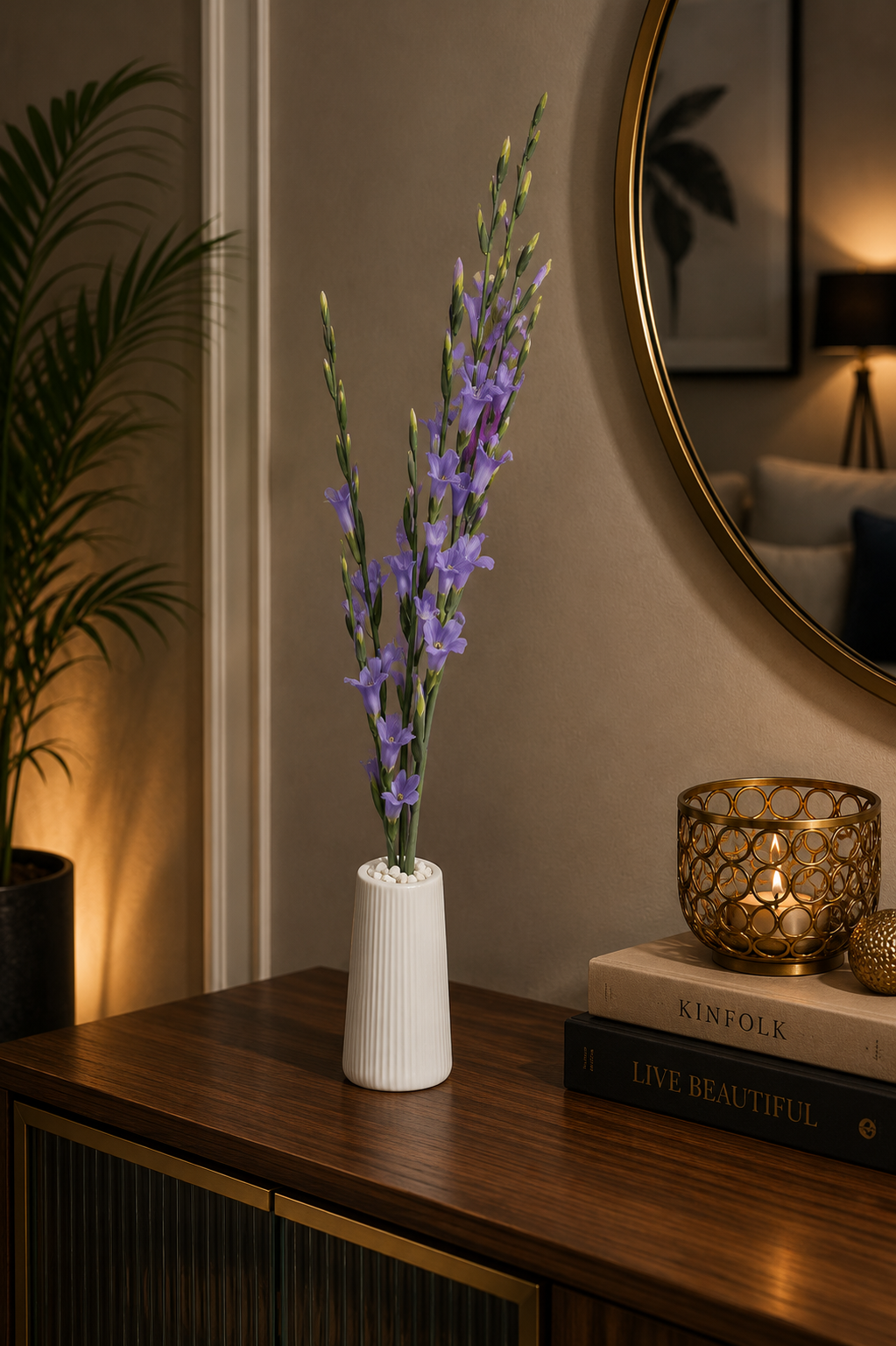Luxury Artificial Purple Gladiolus Flower Arrangement in White Ceramic Vase | Elegant Modern Tabletop Home Decor CH 0043