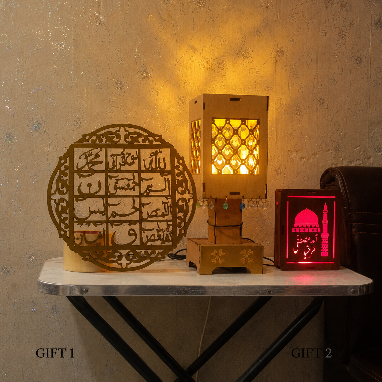 Moroccan Wooden LED Table Lamp with Crystal Hanging Decor with 2 Free Gifts