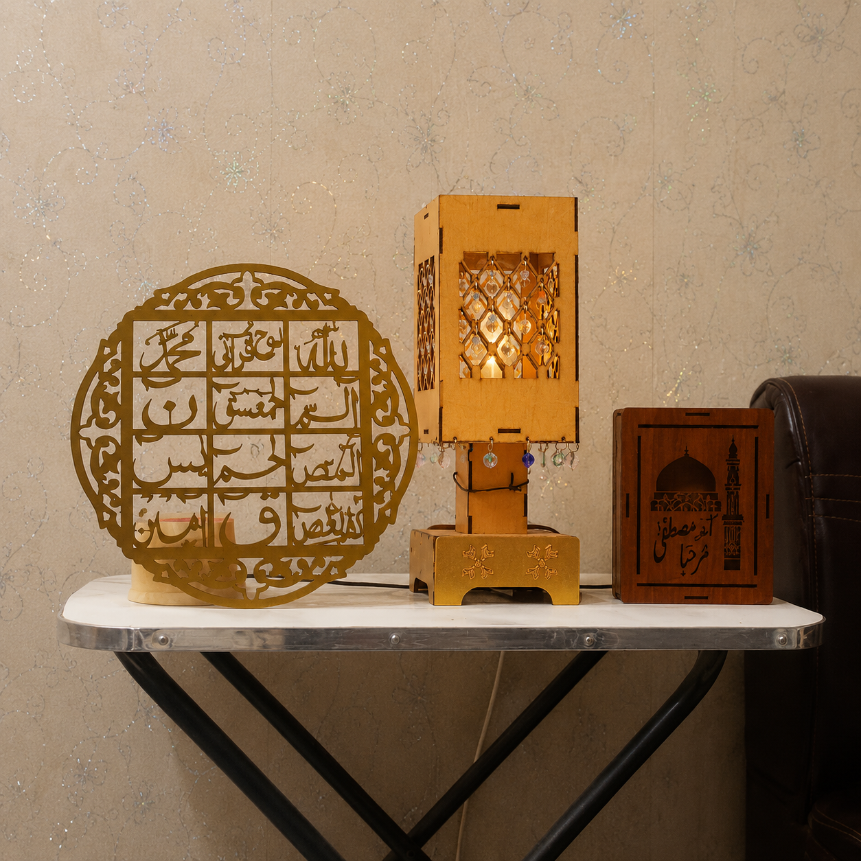 Moroccan Wooden LED Table Lamp with Crystal Hanging Decor with 2 Free Gifts