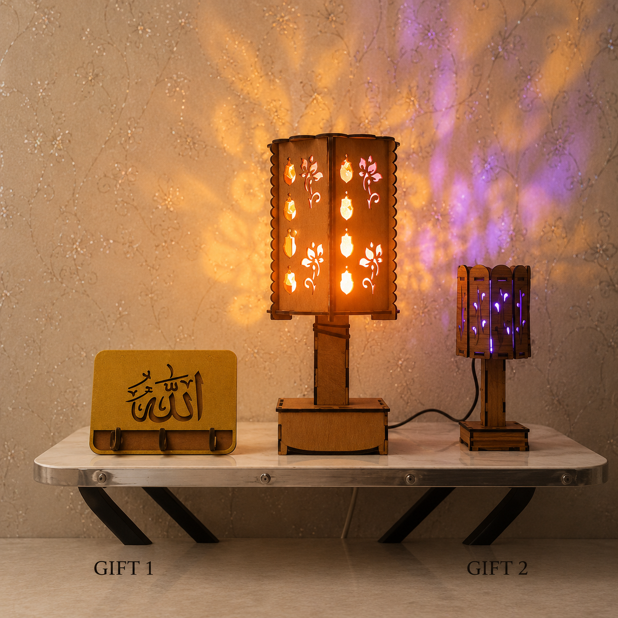 Floral Shadow Projection Wooden LED Table Lamp with 2 Free Gifts
