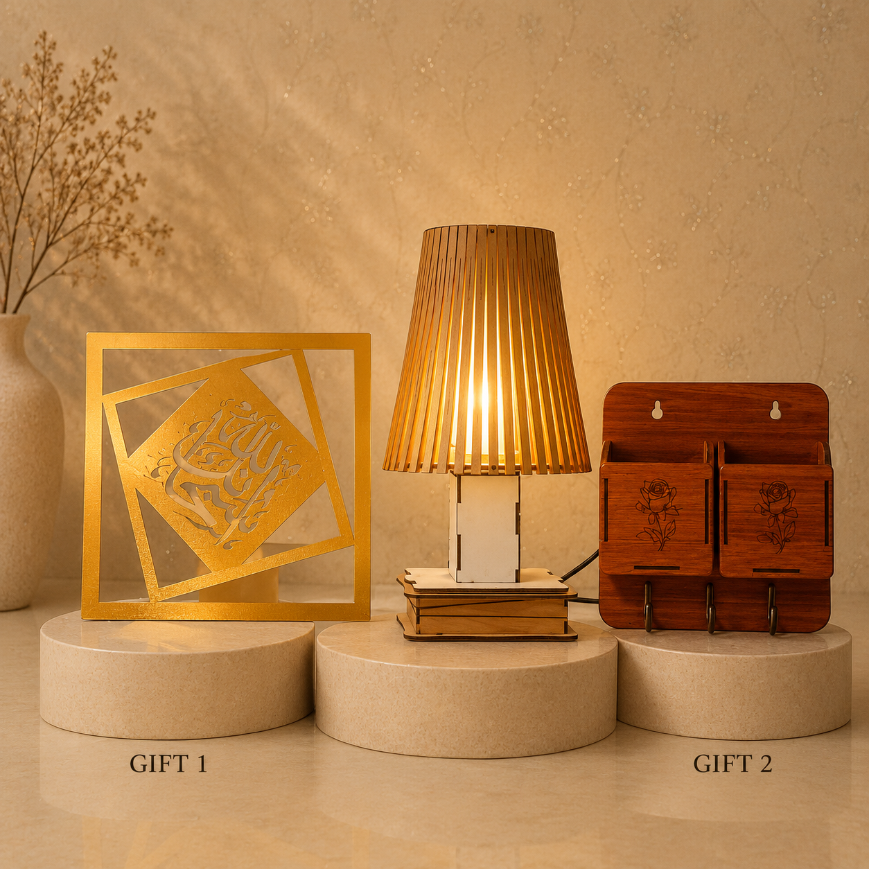 Nordic Wooden Table Lamp with Warm LED Light with 2 Free Gifts