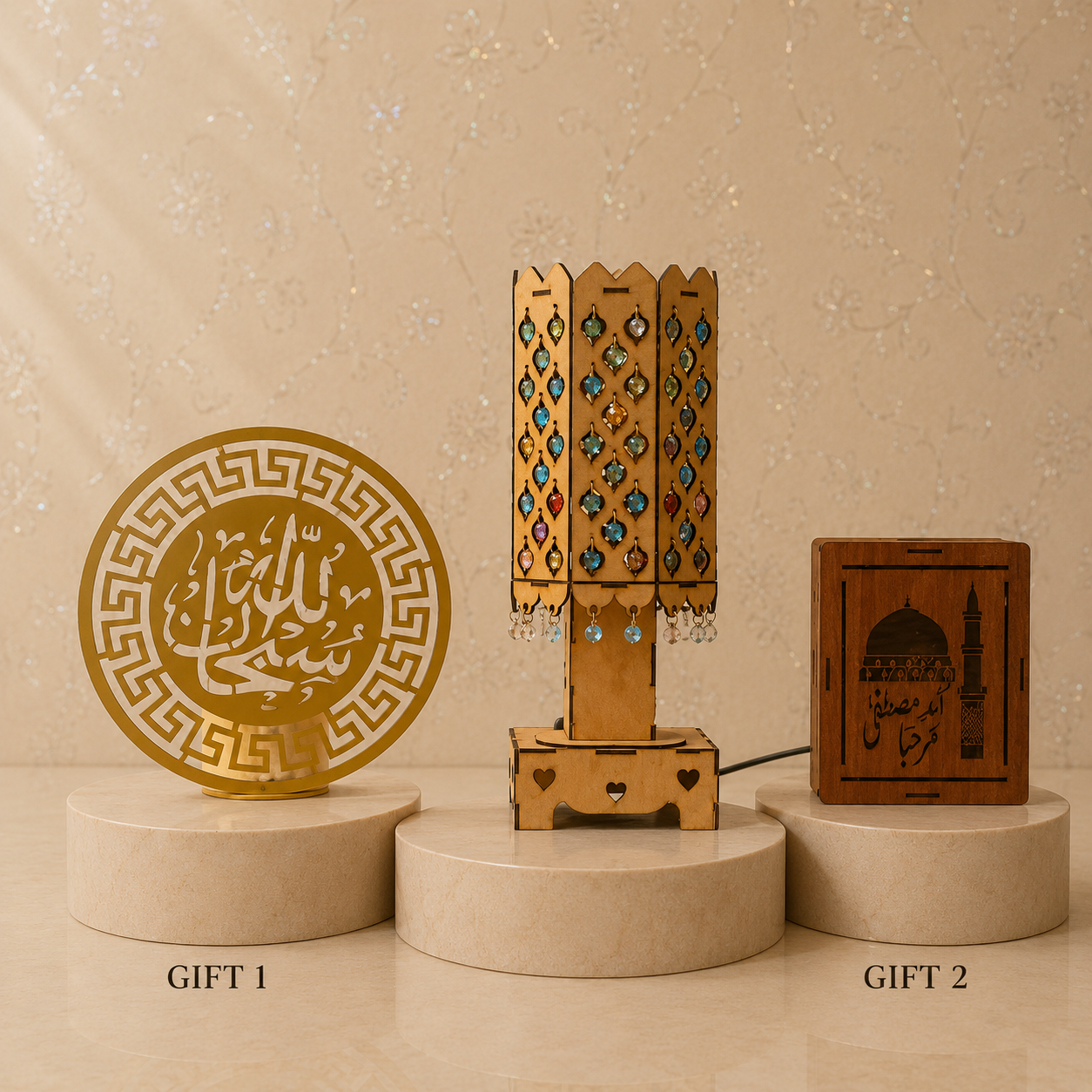 Elegant Heart Pattern Wooden Bedside Lamp with 2 Free Gifts