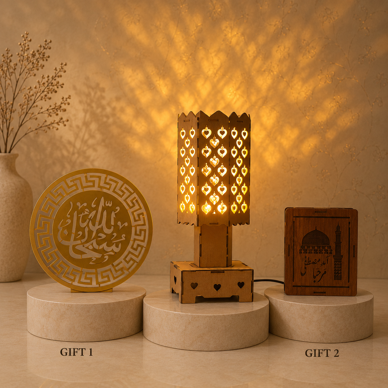 Elegant Heart Pattern Wooden Bedside Lamp with 2 Free Gifts
