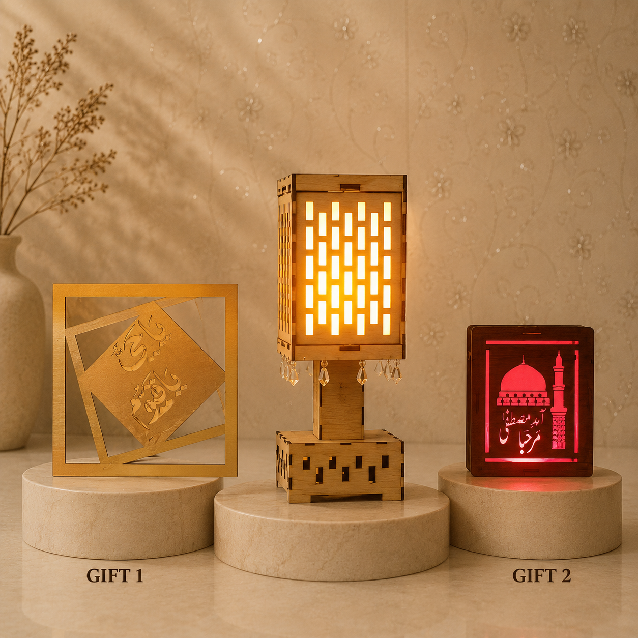 Geometric Wooden LED Table Lamp for Home Decor with 2 Free Gifts