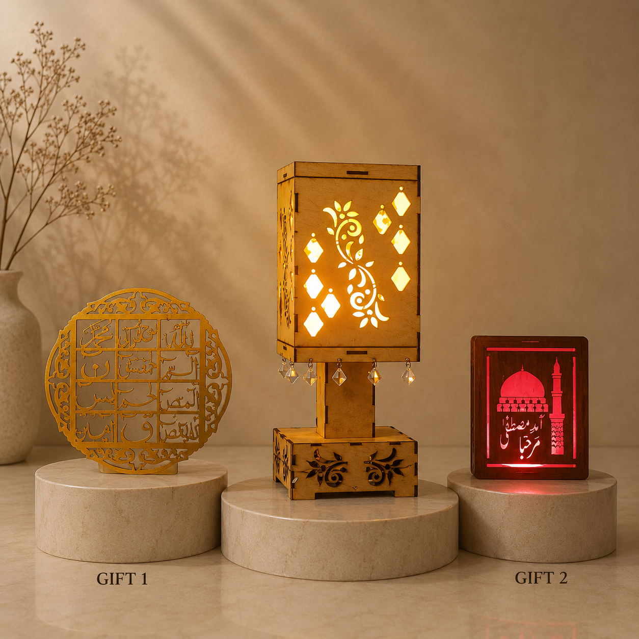 Islamic Wooden LED Table Lamp with Crystal Hanging Decor