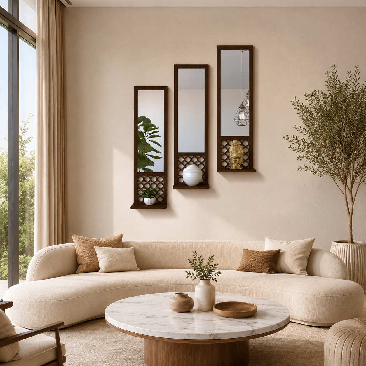 Modern Acrylic Mirror Wall Art Set with Decorative Shelves