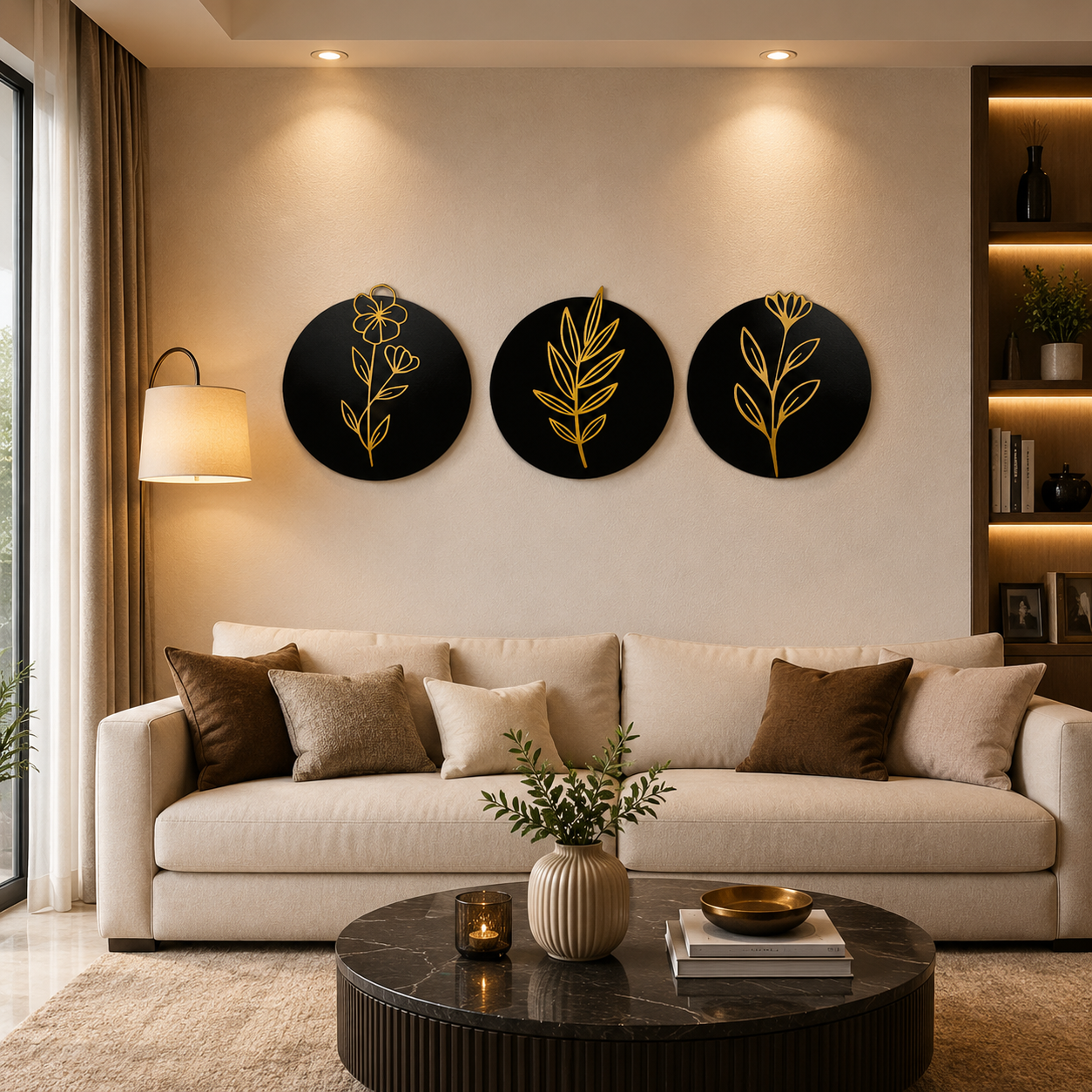 Round Shape Floral Wall Art Set of 3 – MDF Wooden Wall Decor for Living Room