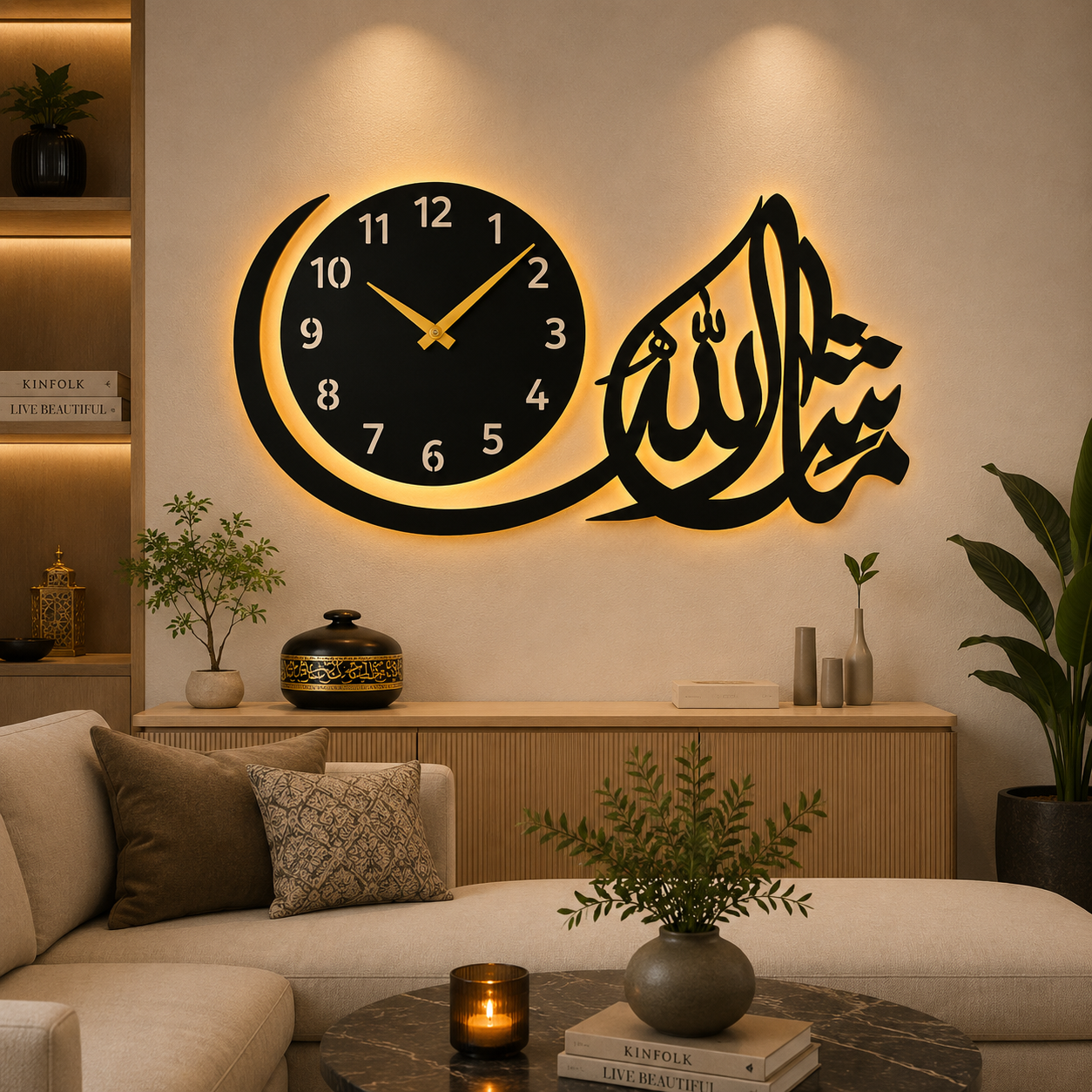 MashaAllah Islamic Calligraphy Wall Clock – Premium MDF Wooden Islamic Decor