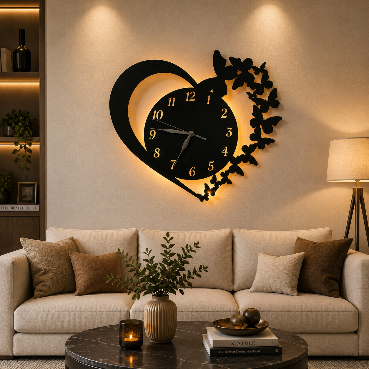 Heart Wooden Clock Butterfly Style – Decorative MDF Wall Clock for Living Room