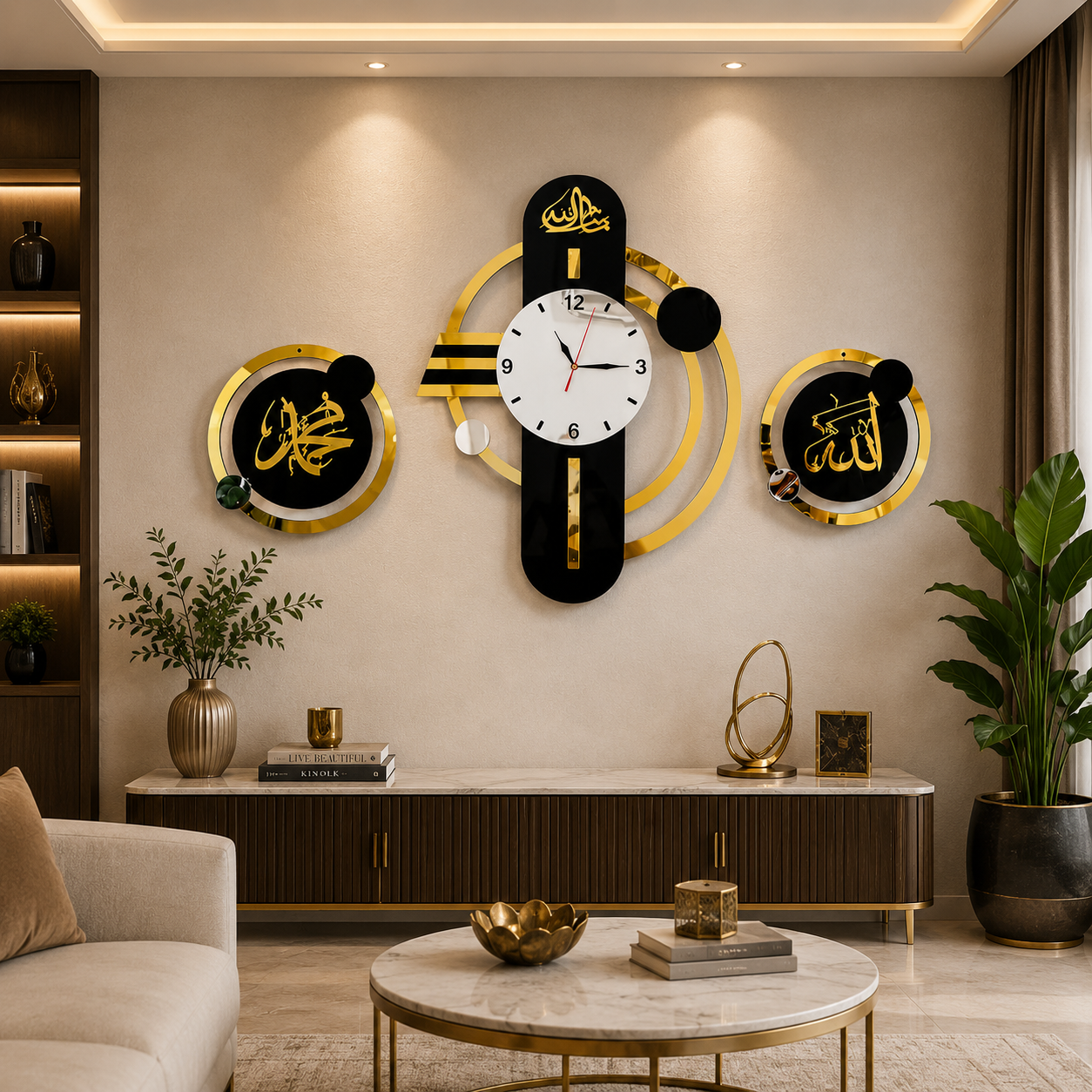 Allah Muhammad Name Acrylic Golden & Black Wall Clock – Luxury Islamic Wall Decor