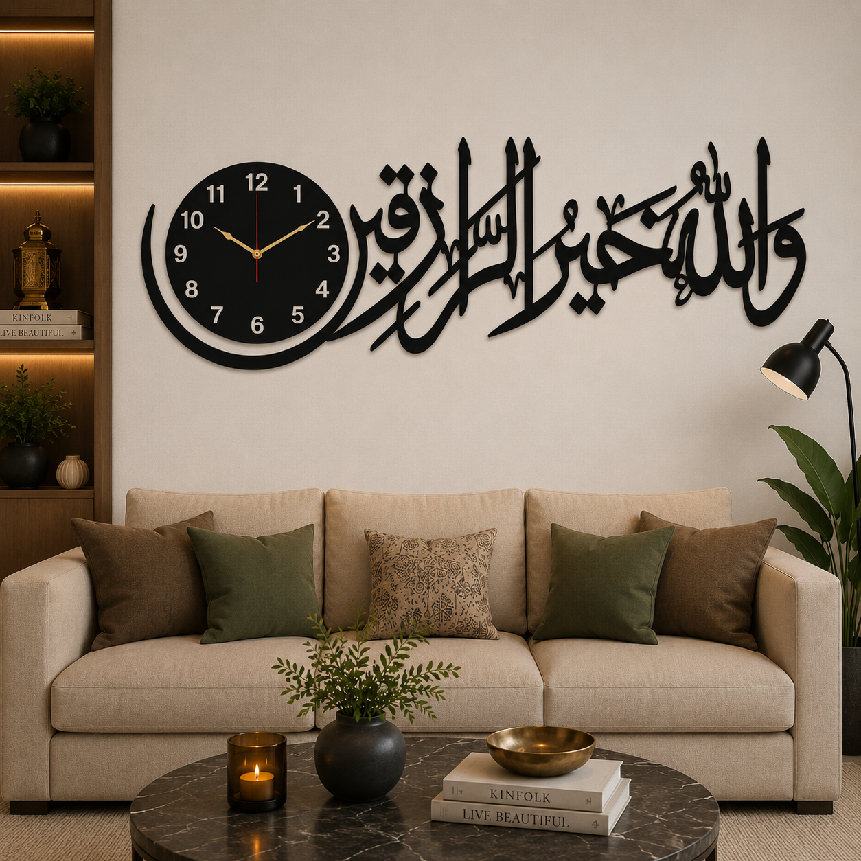 Wallahu Khairur Raziqeen Islamic Wall Clock – Premium MDF Wooden Islamic Calligraphy Decor