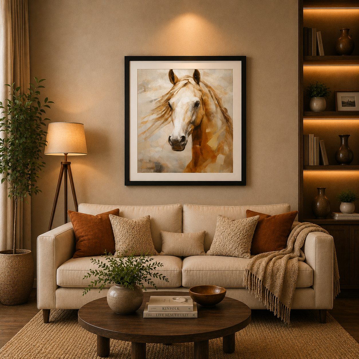Elegant White Horse Wall Art Frame – Modern Equine Canvas Painting