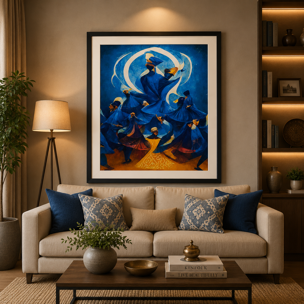 Blue Whirling Dervish Sufi Wall Art Frame – Islamic Spiritual Canvas Painting