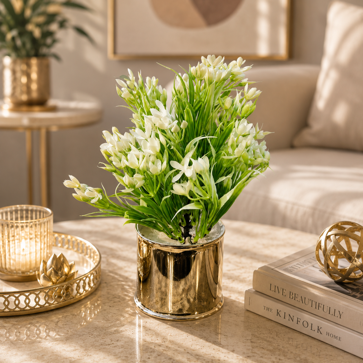 Artificial White Lily Flower Plant in Golden Pot | Elegant Faux Floral Arrangement