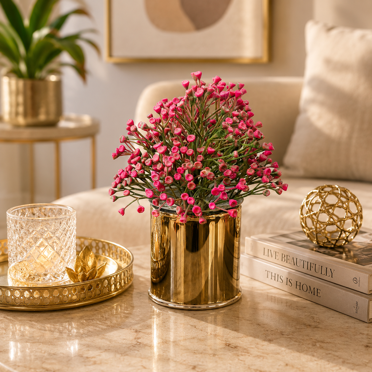 Artificial Pink Berry Plant in Golden Pot | Decorative Faux Floral Arrangement