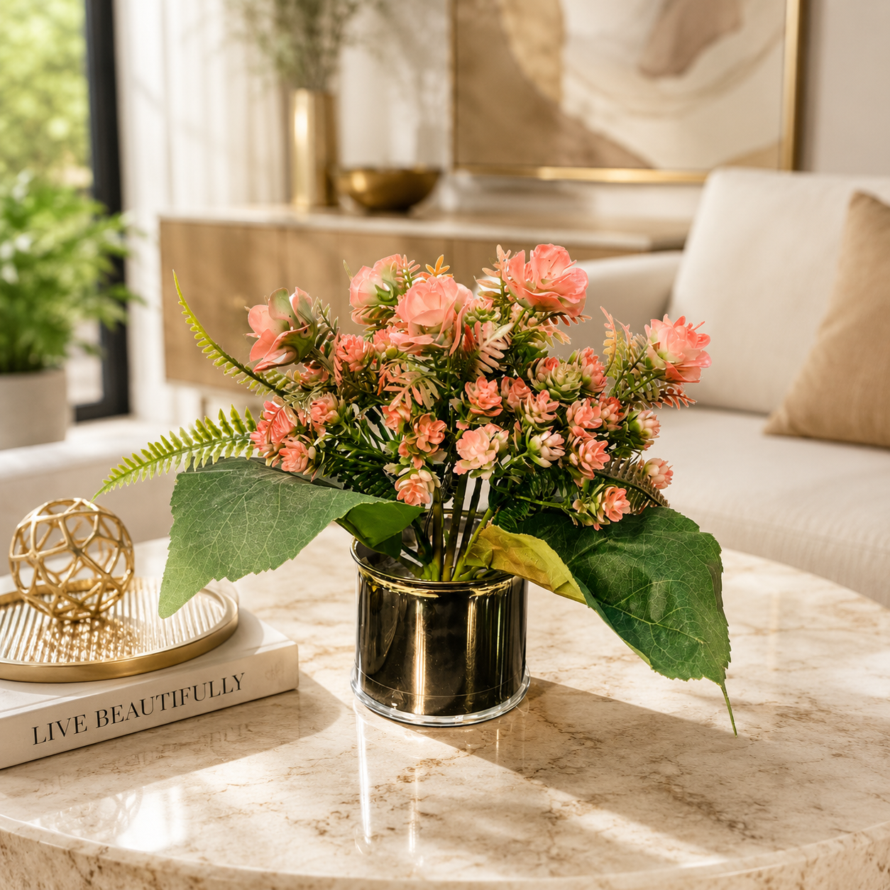 Artificial Pink Floral Plant in Golden Pot | Decorative Faux Flower Arrangement