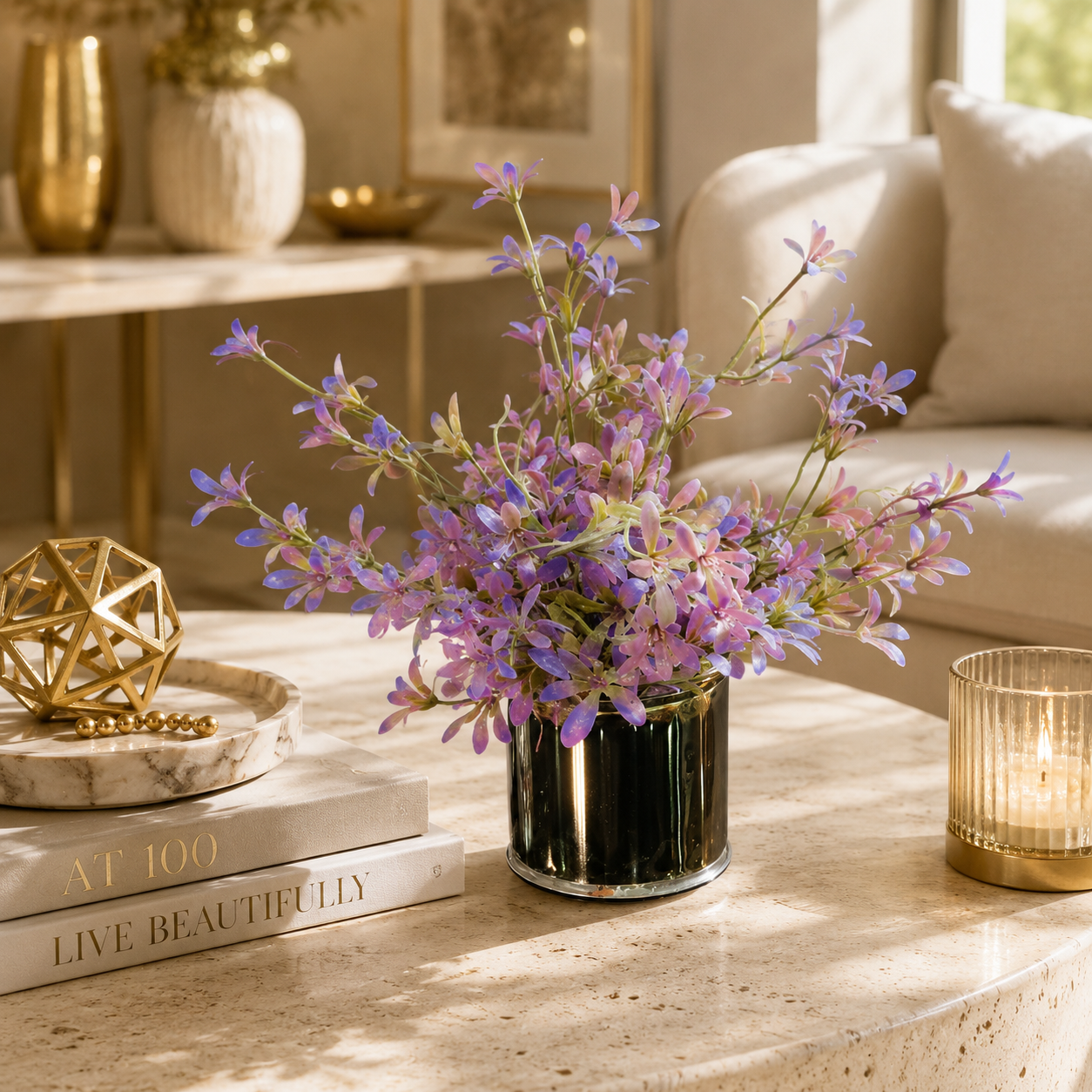 Artificial Purple Blossom Flower Plant in Golden Pot | Decorative Faux Floral Arrangement