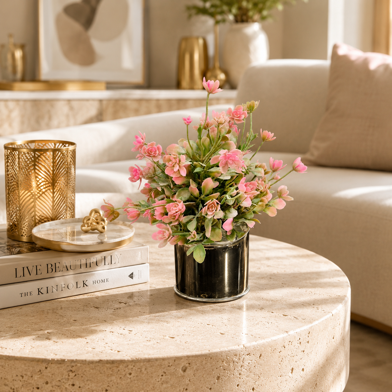 Artificial Pink Blossom Plant in Golden Pot | Decorative Faux Flower Arrangement